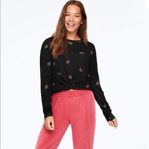 “PINK” Black long sleeve with roses